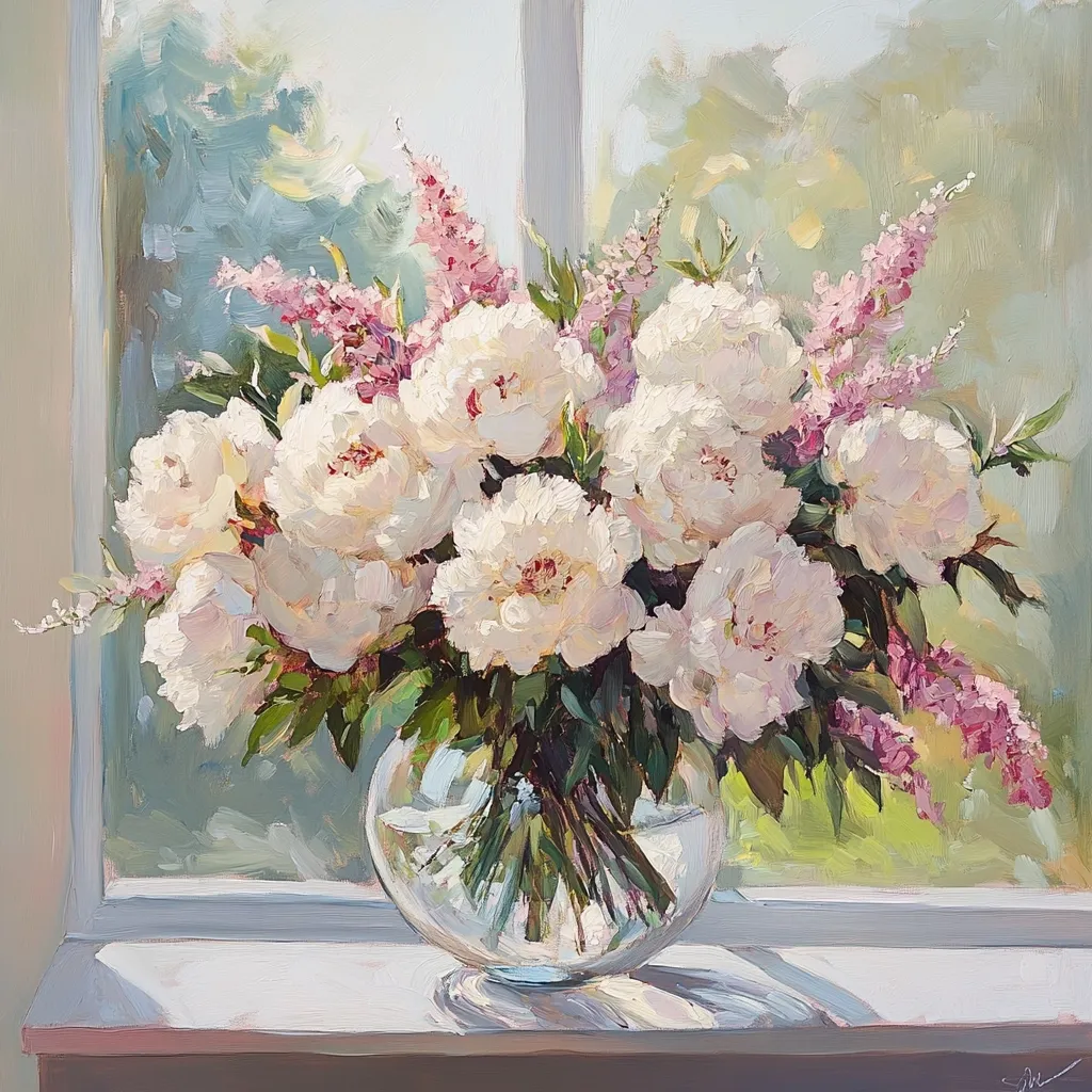 A vibrant oil painting depicts a large bouquet of creamy white peonies and delicate pink blossoms arranged in a clear glass vase.  The flowers are positioned on a windowsill, bathed in sunlight streaming from a bright window showing a blurred garden background. The artist's impasto technique adds texture and luminosity to the scene, emphasizing the flowers' soft petals and the play of light. The overall impression is one of radiant beauty and summer freshness.
