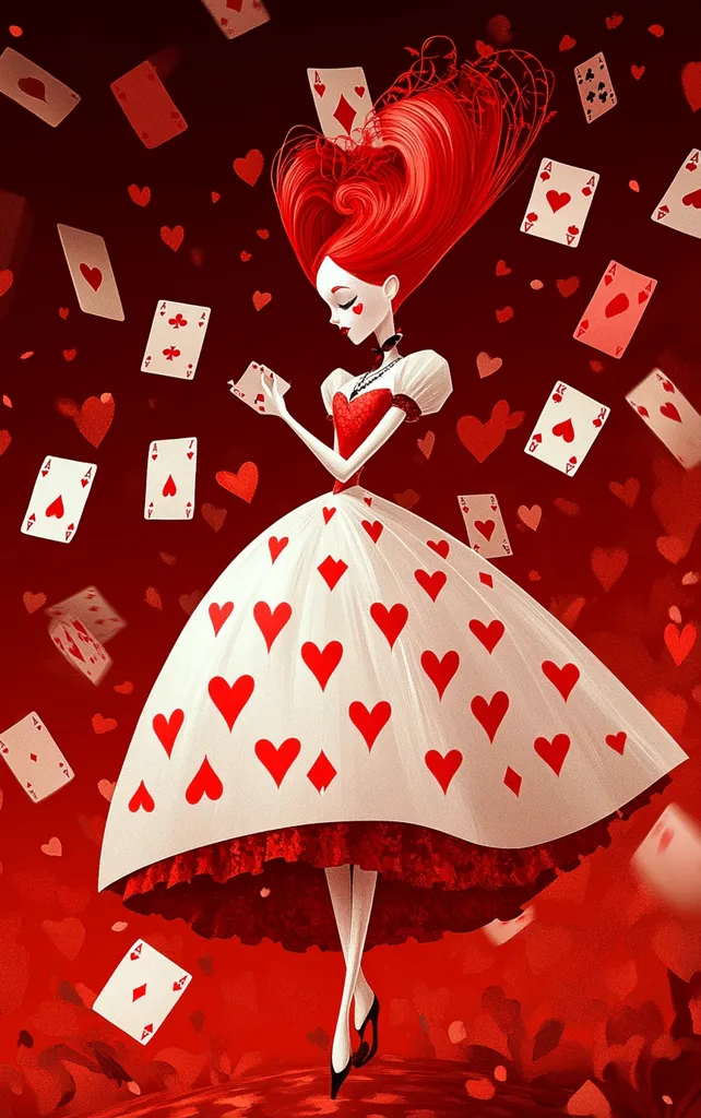 A stylized illustration of the Queen of Hearts from Alice in Wonderland.  She has vibrant red hair, a white dress adorned with red hearts and diamonds, and is surrounded by falling playing cards.  The overall color palette is a rich red and white, creating a dramatic and whimsical scene.  Her expression is serene as she holds a playing card.