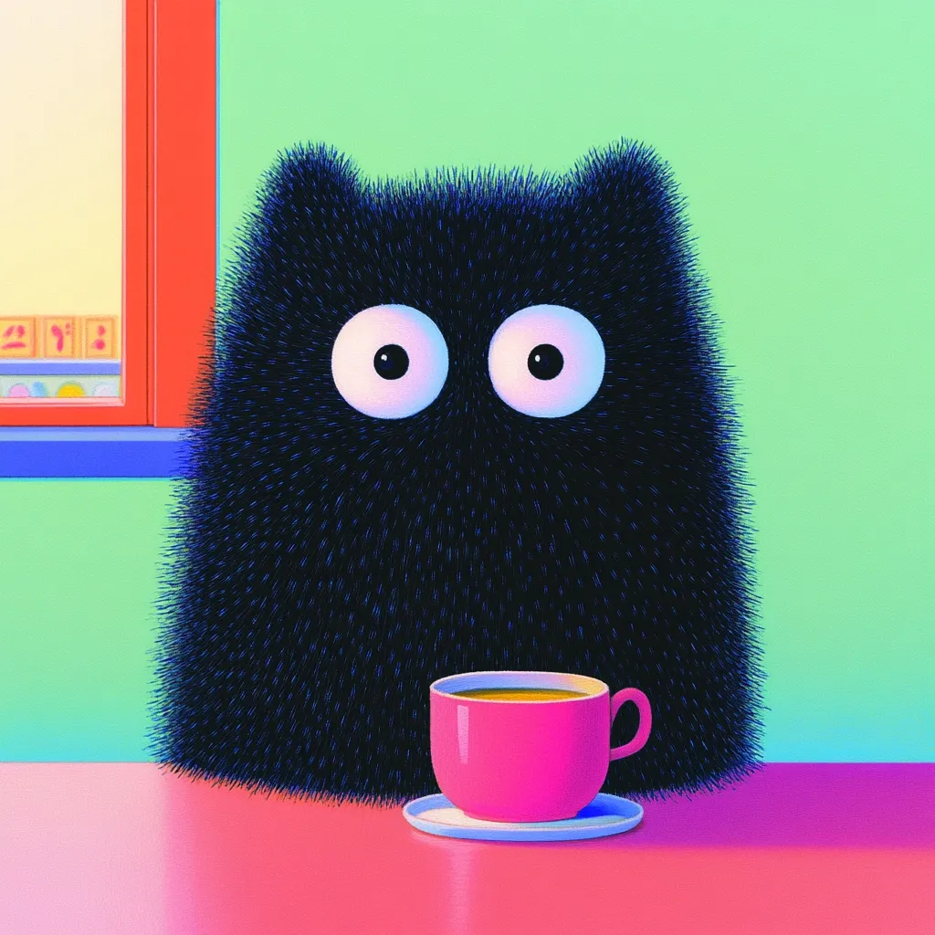 A fluffy black cat with large, expressive eyes sits at a vibrant pink table.  A small pink teacup, filled with a golden liquid, rests on a saucer in front of the cat. The background features a pastel green wall and a partially visible window with colorful shapes. The overall style is playful and cartoonish.