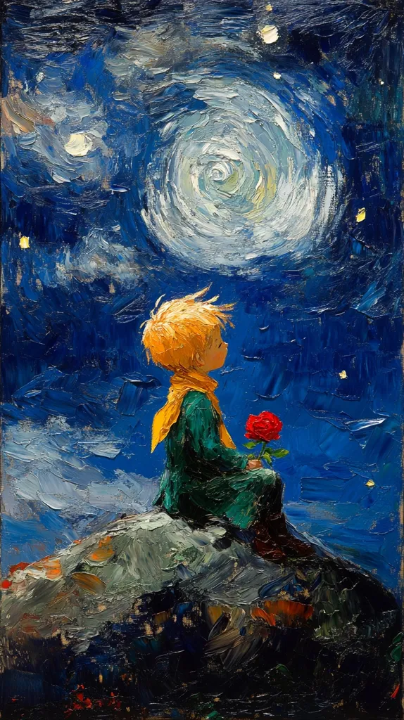 A vibrant oil painting depicts the Little Prince, rendered in a thick, impasto style.  He sits atop a rocky outcrop, a red rose held gently in his hand, gazing upward at a swirling, moonlit night sky filled with stars. The artist's expressive brushstrokes convey both the child's contemplative mood and the dynamism of the celestial scene.  The colors are rich and saturated, with deep blues and contrasting warm tones of the character's clothing and the bloom.