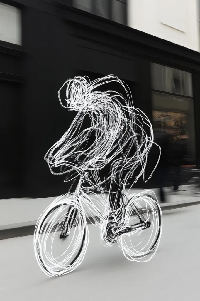 A stylized image depicts a cyclist in motion.  The figure and bicycle are rendered as white, swirling lines against a blurred black-and-white urban backdrop. The dynamic lines suggest speed and energy, creating an abstract representation of movement and urban cycling. The contrast between the sharp lines and the blurred background enhances the sense of motion.