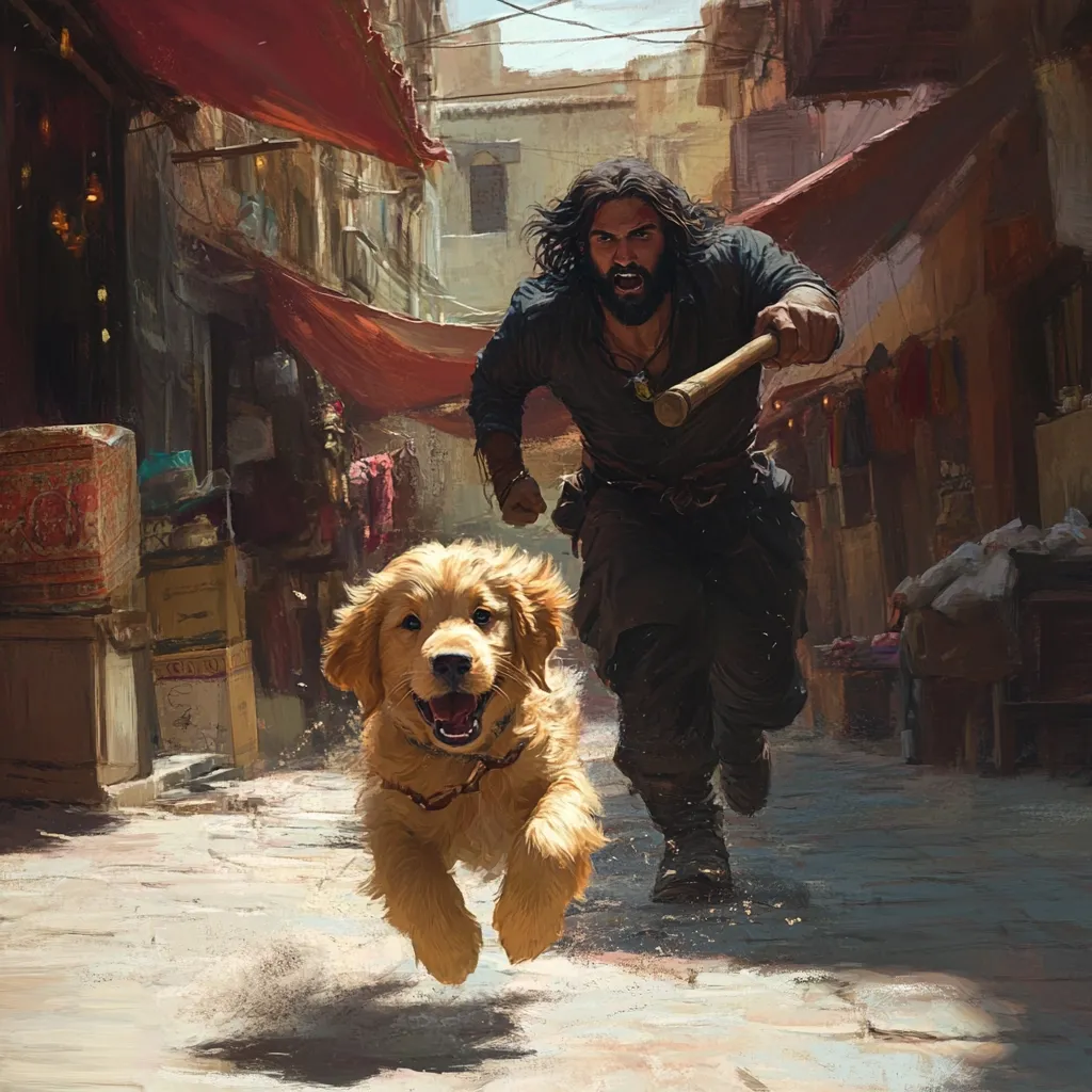 A bearded man with long dark hair runs through a sun-drenched, narrow alleyway in a bustling Middle Eastern-style marketplace. He carries a wooden staff and is pursued by a golden retriever puppy, which bounds joyfully alongside him. The scene is vibrant with color and detail, capturing a moment of dynamic action and playful companionship within an exotic setting.