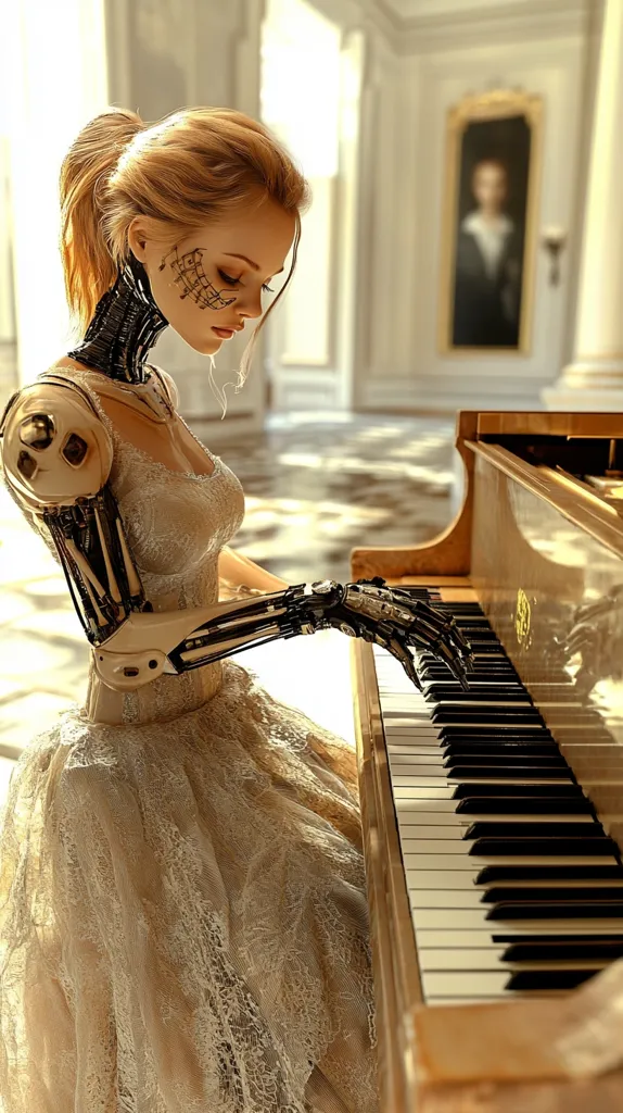 A cyborg woman, with robotic arms and musical notes tattooed on her face, sits at a grand piano in an elegant room.  She wears a delicate, lace wedding dress. Her blonde hair is pulled back in a ponytail.  The scene is a blend of futuristic technology and classic elegance. The image evokes a sense of mystery and artistic beauty.