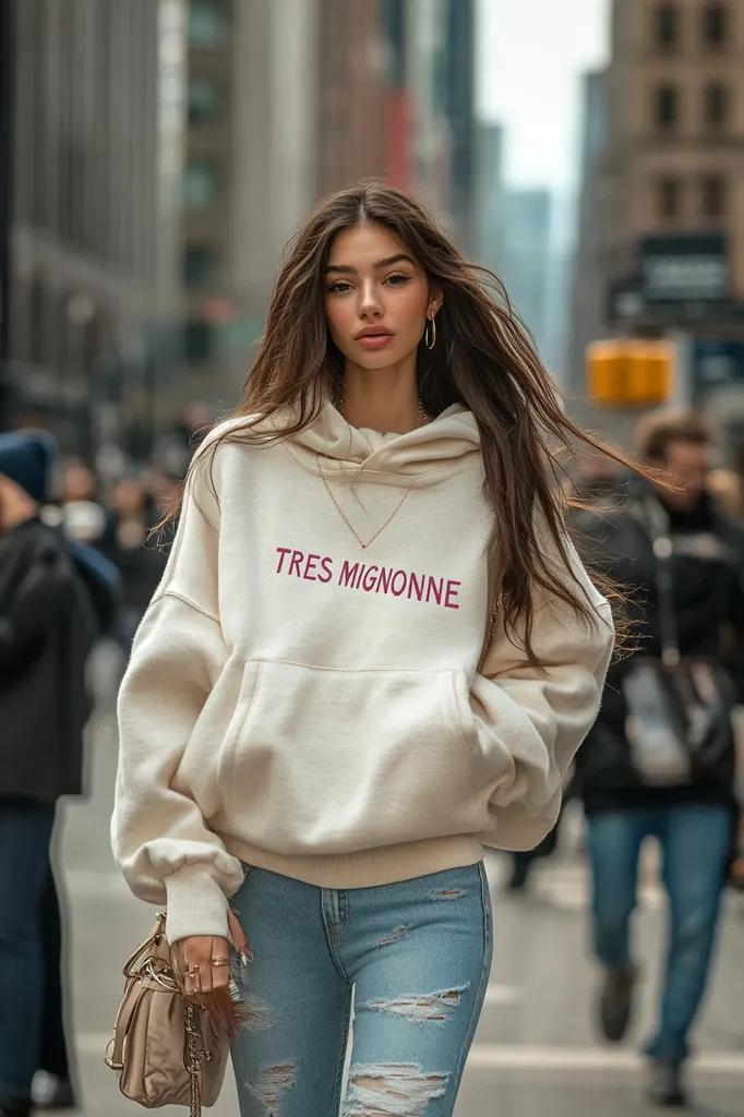 A young woman with long brown hair stands on a city street, wearing a cream-colored oversized hoodie that says "Tres Mignonne" in maroon lettering.  She's paired it with light blue ripped jeans and carries a light brown handbag. Her style is casual and chic, reflecting a modern urban aesthetic.  The background is blurred, focusing attention on the woman.
