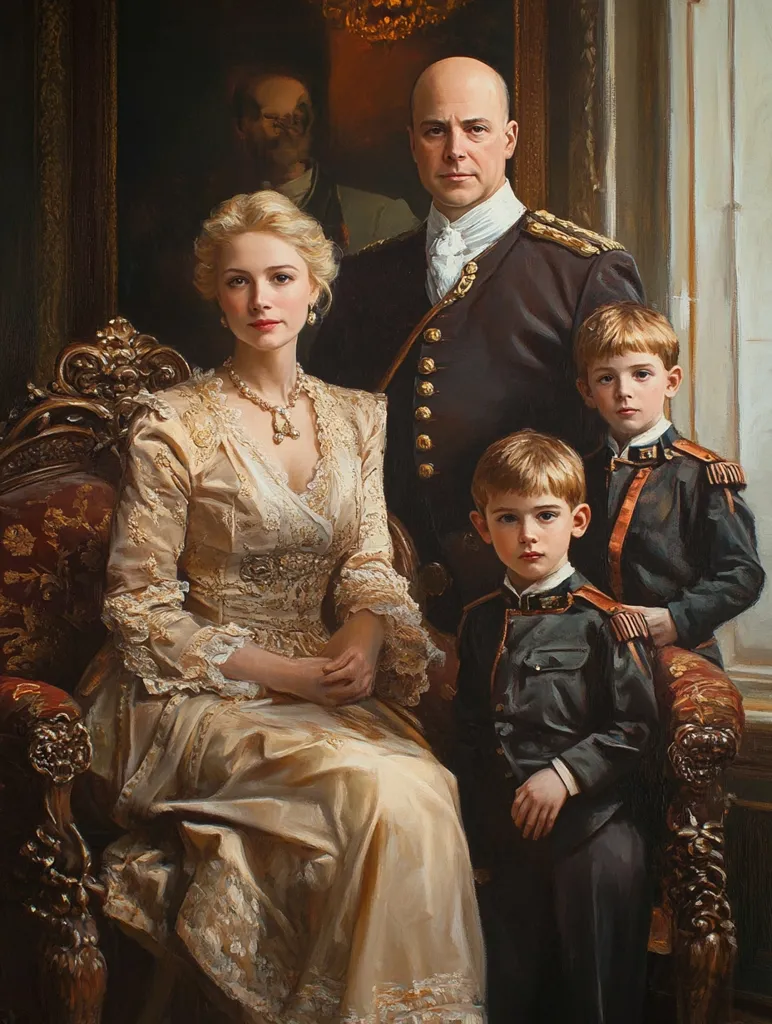 A regal family portrait in the style of classical oil painting.  A woman in a flowing, lace-trimmed gown sits beside her husband, a man in military uniform.  Their two young sons, also in military-inspired attire, flank them. The family is depicted in an opulent setting, suggesting wealth and status. The painting's rich colors and detail evoke a sense of formality and tradition.