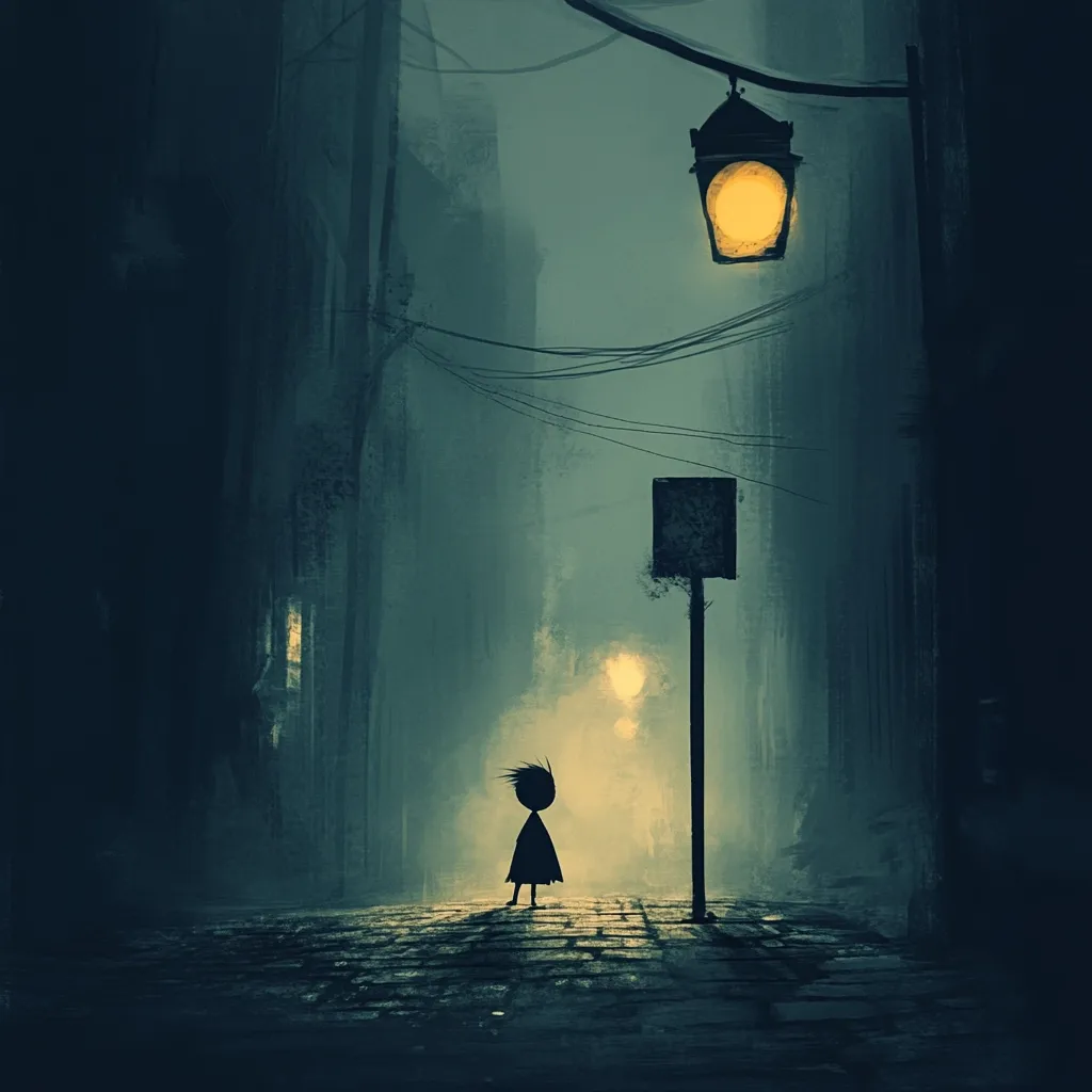 A lone, silhouetted child stands on a misty, cobblestone street at night.  A single, dimly lit streetlamp casts a warm glow, illuminating the child and a blank signpost nearby. Tall, dark buildings line the narrow alleyway, creating a mysterious and somewhat melancholic atmosphere. The scene is painted with a muted, atmospheric palette, enhancing the feeling of solitude and quiet.