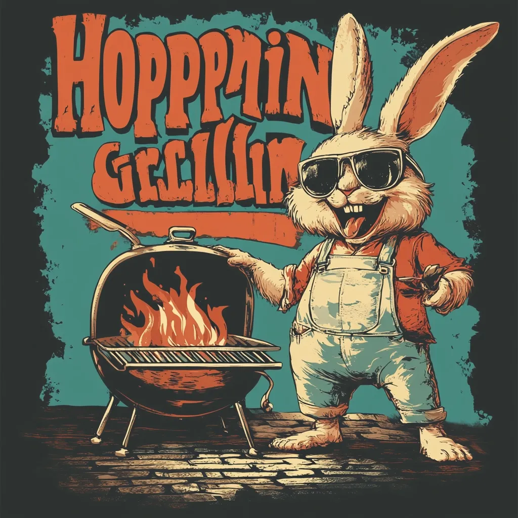 A cool rabbit, wearing sunglasses and overalls, stands proudly beside a burning grill.  The text "Hoppin' Grillin'" is displayed prominently above.  The illustration is done in a vintage, retro style with a distressed background, suggesting a fun, summery barbecue theme. The rabbit appears jovial and ready for a cookout.
