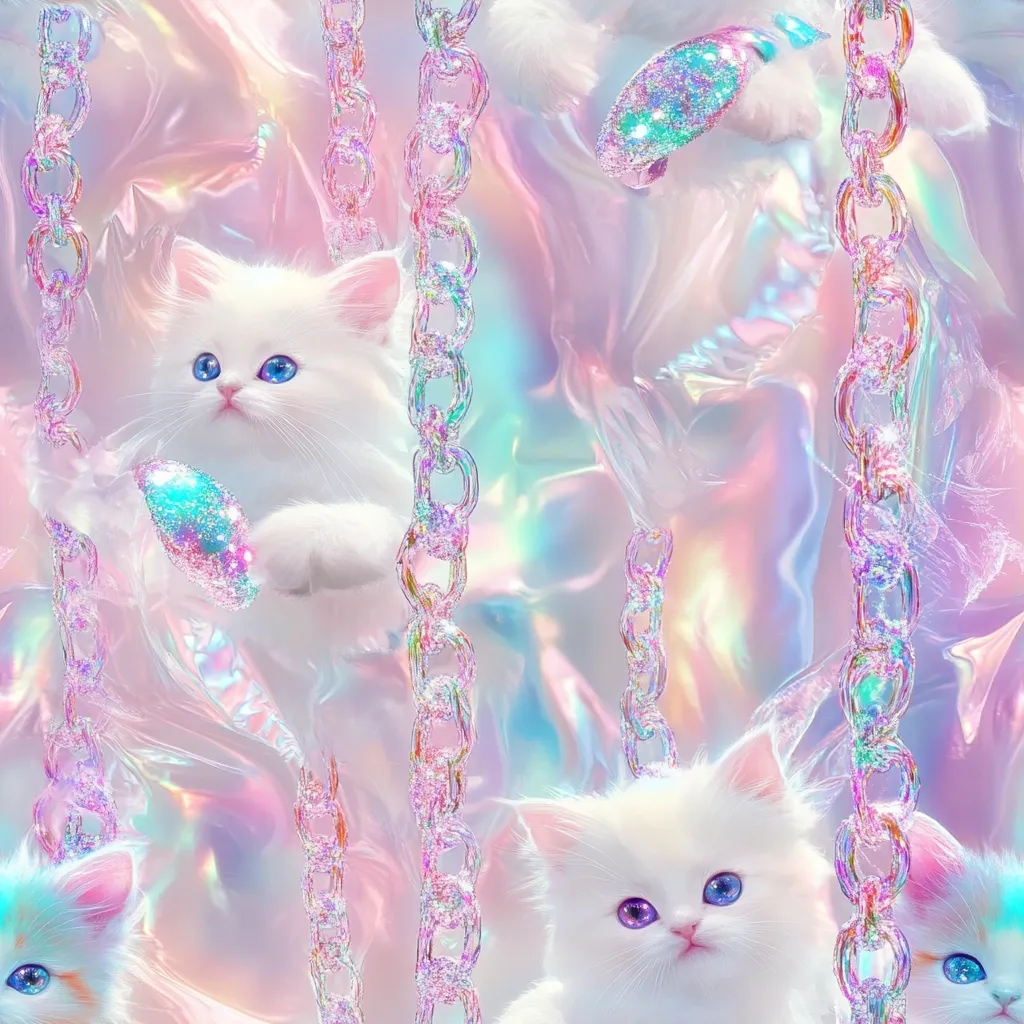 A whimsical, iridescent background features adorable white kittens with vibrant blue eyes.  Sparkling pink chains hang throughout the image, adding a touch of glamorous fantasy. The overall aesthetic is dreamy and pastel, evoking a sense of magical, playful charm.  The kittens appear to be playing amidst the shimmering chains and holographic textures.