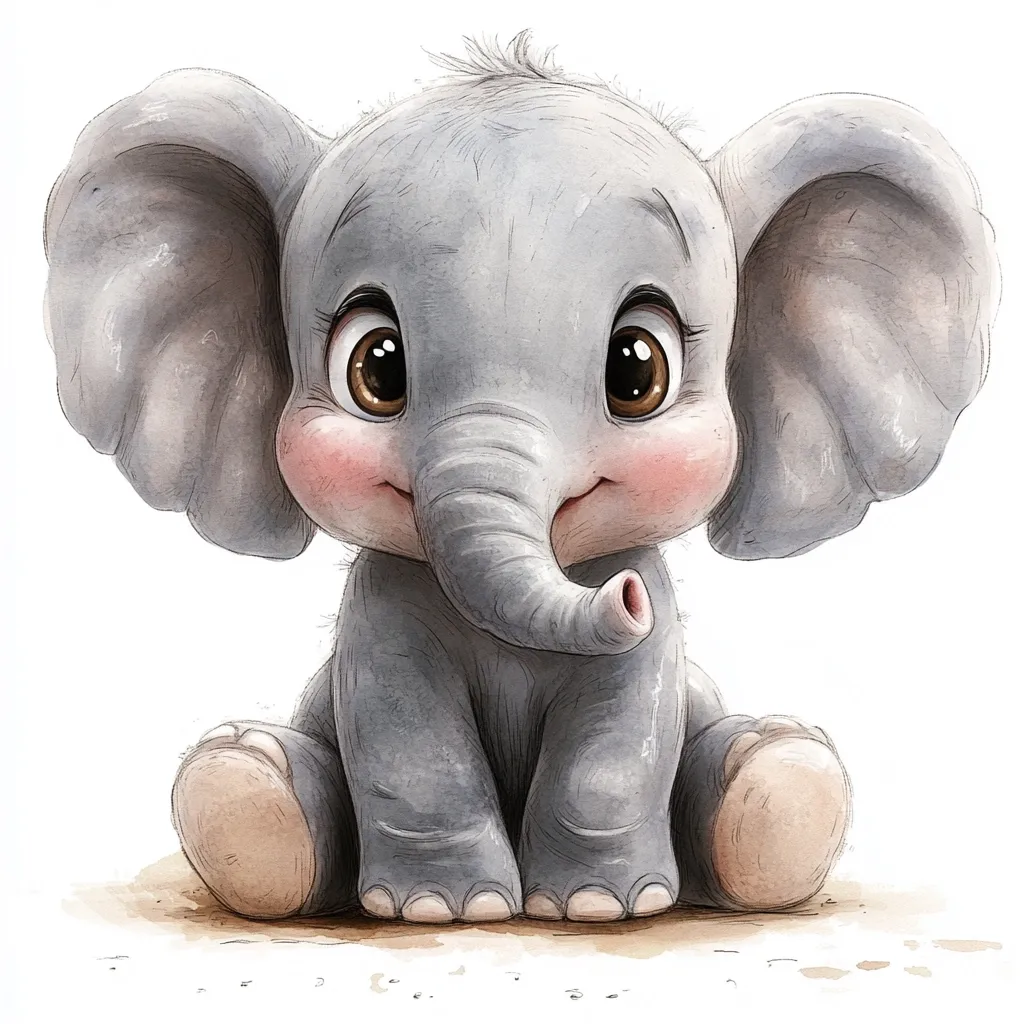 A charming illustration depicts a baby elephant sitting on the ground.  Its large ears are gently folded, and its eyes are wide and expressive.  The elephant's trunk is delicately curled, and its rosy cheeks add to its adorable appearance. The style is soft and whimsical, using watercolor-like textures for a gentle look. The overall impression is one of sweetness and innocence.