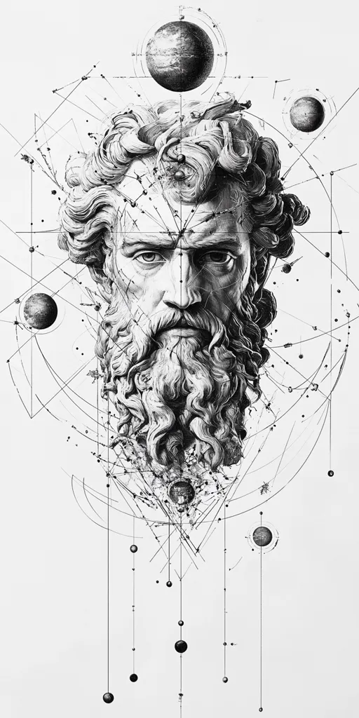 A monochromatic illustration features a detailed bust of a bearded man, possibly a classical sculpture, overlaid with geometric lines and celestial bodies.  The lines create a complex, interconnected web around the head, suggesting a cosmic or astrological connection. Small circles representing planets or stars hang below, adding to the ethereal and mystical quality of the piece. The contrast between the realistic bust and abstract geometric elements is striking.