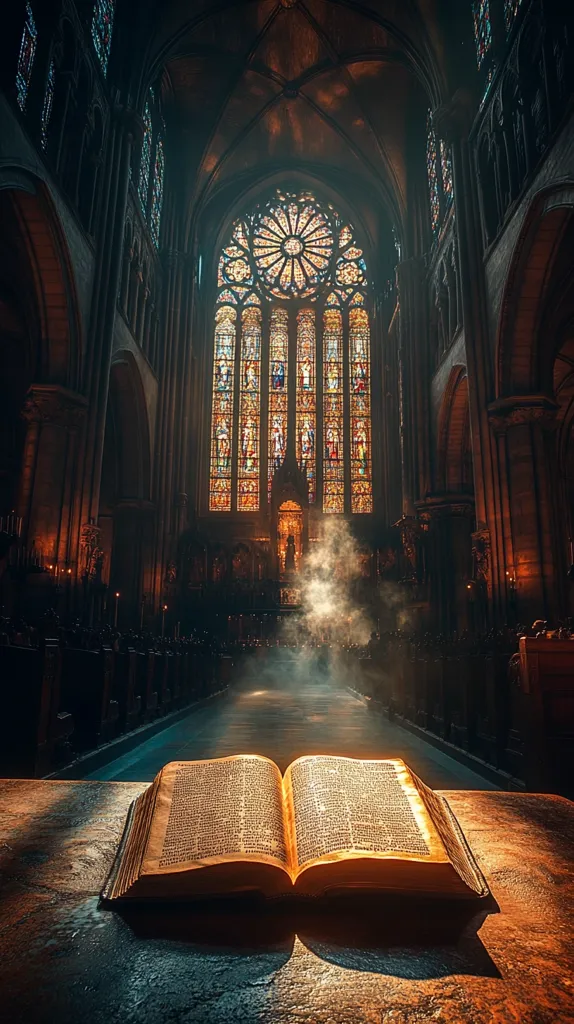 An open, antique Bible rests on a stone surface in a dimly lit cathedral.  A large, vibrant stained-glass window illuminates the high-ceilinged Gothic architecture.  Smoke or incense drifts from the altar, creating an ethereal atmosphere within the ancient, solemn space.  The scene evokes a sense of peace and spiritual reflection.