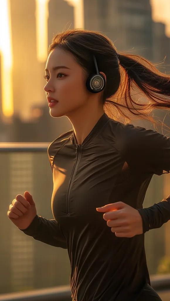 A young woman with long brown hair tied back in a ponytail runs outdoors at sunset. She wears a dark-colored long-sleeved athletic top and wireless headphones. The urban backdrop suggests a city setting.  The warm light of the setting sun illuminates her face and highlights the athletic build of her body. She appears focused and energetic in her run.
