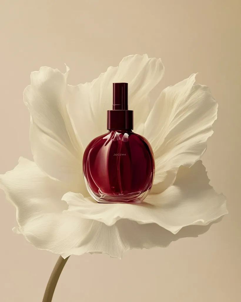 A dark red Jo Malone perfume bottle rests delicately on a large, creamy white flower petal.  The bottle's rounded shape and dark color contrast beautifully with the soft, light flower.  The image evokes a sense of elegance and sophistication, highlighting the fragrance's luxurious feel.  The background is a muted beige, drawing focus to the central composition.