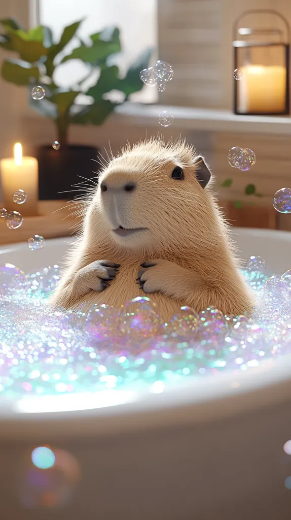 A fluffy capybara enjoys a luxurious bubble bath.  Surrounded by iridescent bubbles in a white tub, the capybara sits contentedly, its paws tucked neatly.  Soft lighting and a calming background create a serene atmosphere. The scene is idyllic, capturing the animal's peaceful contentment.