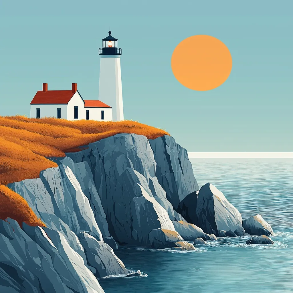 A picturesque coastal scene featuring a white lighthouse with a red-roofed keeper's house perched atop dramatic, grey cliffs.  Golden, autumnal grasses cover the clifftop.  The calm ocean stretches to the horizon under a large, orange sun. The illustration uses a stylized, almost minimalist approach with clean lines and bold colors.