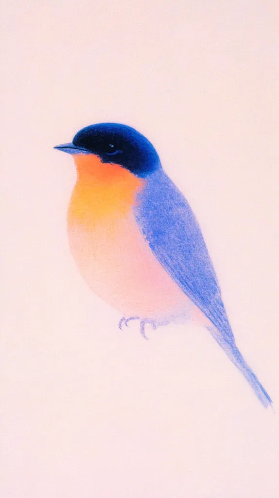 A pastel drawing of a bird, possibly a flycatcher, is presented. The bird's head is a deep blue, transitioning to a soft orange on its breast. Its body is a pale pink fading into a light blue on its wings and tail. The bird is depicted in profile view against a light pink backdrop. The style is delicate and ethereal, highlighting the soft color blending.