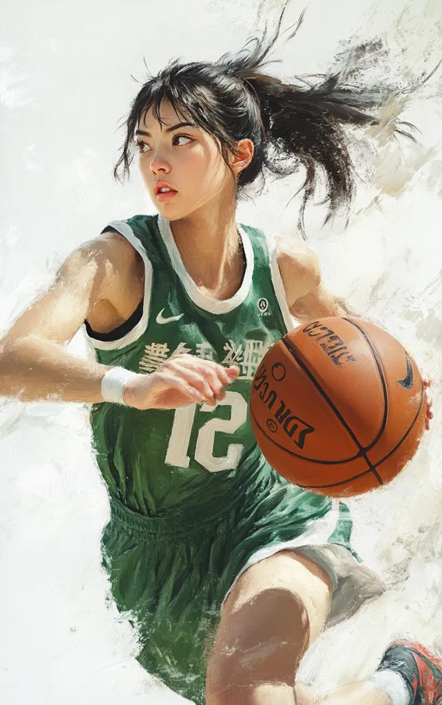 A dynamic painting depicts a young woman, her dark hair pulled back in a ponytail, intensely focused on a basketball she dribbles.  She wears a green jersey with the number 12, her expression serious and determined. The style is painterly, with visible brushstrokes creating a sense of movement and energy.  The background is a light, almost washed-out white, emphasizing the vibrant colors of the jersey and basketball.