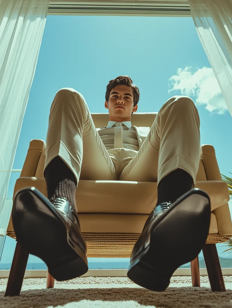 A young man in a light beige suit sits in a tan armchair, his legs crossed at the ankles.  He gazes directly at the camera from a low angle, the sky visible through a large window behind him.  He wears black dress shoes and dark socks, creating a sharp contrast against his light clothing. The scene is bright and airy, with a luxurious feel.