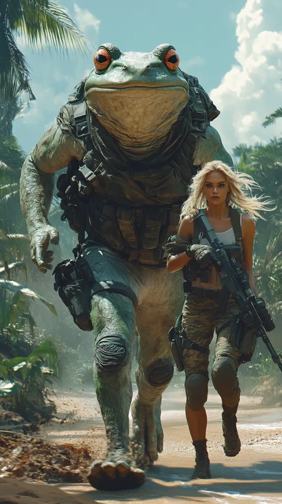 A gigantic anthropomorphic frog, clad in tactical gear, strides through a tropical landscape.  A blonde woman, also in military attire, runs alongside, armed with an assault rifle.  The scene is vibrant and dynamic, suggesting a journey through dense jungle terrain under a partly cloudy sky. The frog's expression is serious, while the woman appears focused and determined.