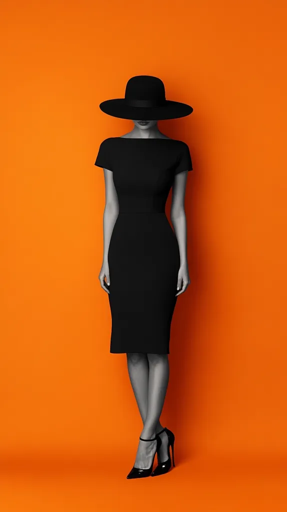 A monochrome image of a woman in a black sheath dress and wide-brimmed hat stands against a vibrant orange backdrop.  Her face is obscured by the hat, creating an air of mystery.  She wears elegant black high heels.  The contrast between the black attire and the bright orange background emphasizes the model's silhouette and creates a striking visual effect.