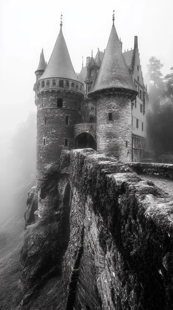 A majestic, stone castle dramatically perched on a cliff, shrouded in mist. Two imposing conical towers dominate the structure, their grey stone weathered by time.  The scene is rendered in stark black and white, enhancing the castle's mysterious aura.  A stone bridge or walkway extends from the castle, seemingly clinging to the cliff face. The overall effect is one of gothic romance and haunting beauty.