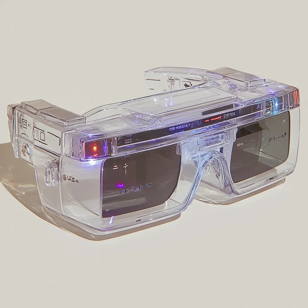 A pair of futuristic-looking transparent glasses are shown.  The glasses have small screens built into the lenses displaying purple text and indicators.  Red and blue lights are subtly visible on the frames.  The design suggests a head-mounted display device, possibly for augmented reality or other technological applications. The overall aesthetic is sleek and minimalist.