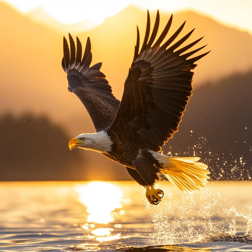 A majestic bald eagle soars through the golden light of a breathtaking sunset.  Its wings are fully extended, catching the sun's rays, as it dips towards the water's surface, creating a spray of sparkling droplets. The eagle's sharp focus and powerful presence are captured in this stunning moment of natural beauty.  The tranquil water reflects the vibrant colors of the sky, enhancing the overall dramatic scene.