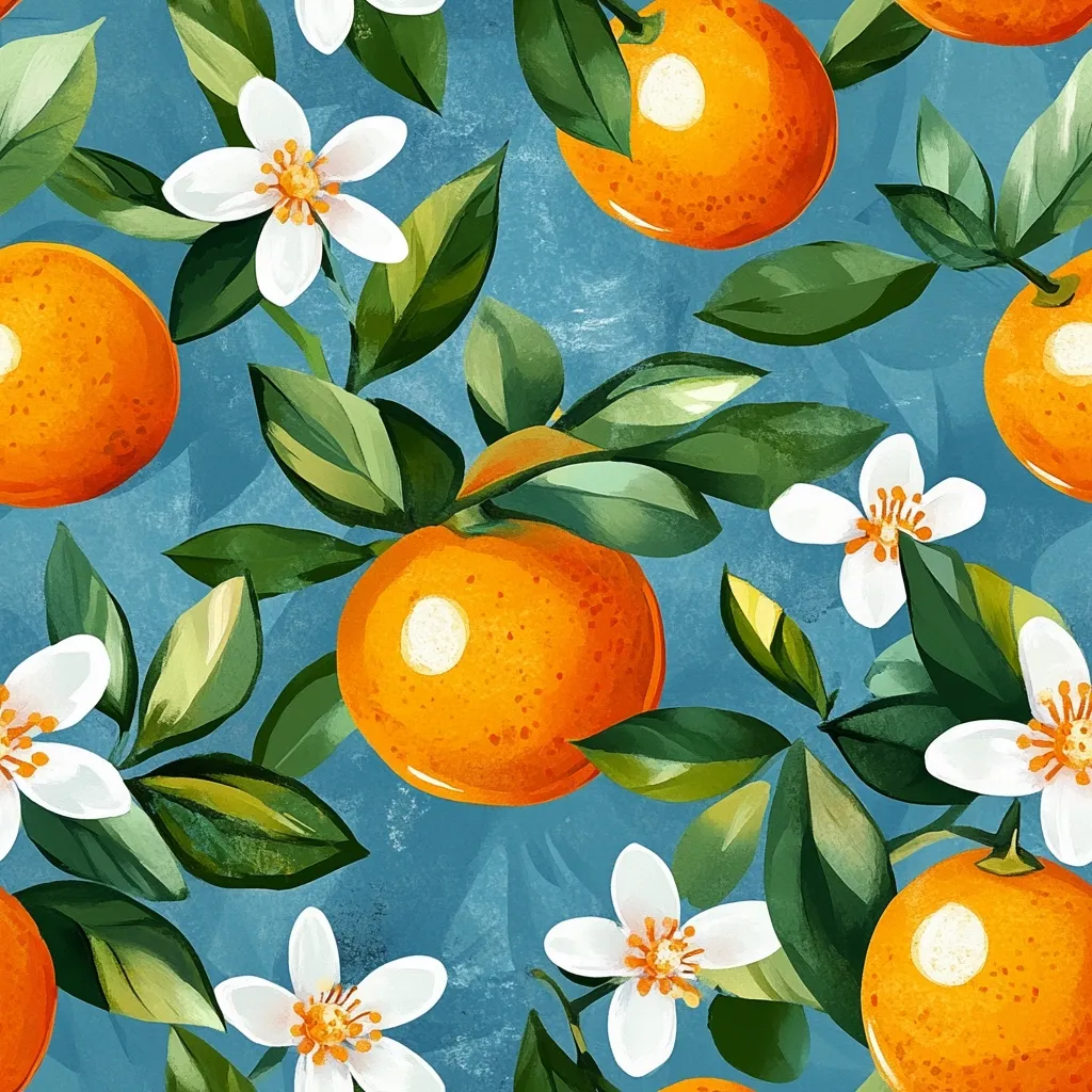 A vibrant illustration showcases a seamless pattern of juicy oranges and delicate white blossoms.  Lush green leaves intertwine with the ripe fruit, creating a lively and fresh aesthetic against a textured teal backdrop. The oranges are depicted with a glossy finish, highlighting their natural vibrancy. The overall style is painterly and expressive, evoking a feeling of summer and abundance.