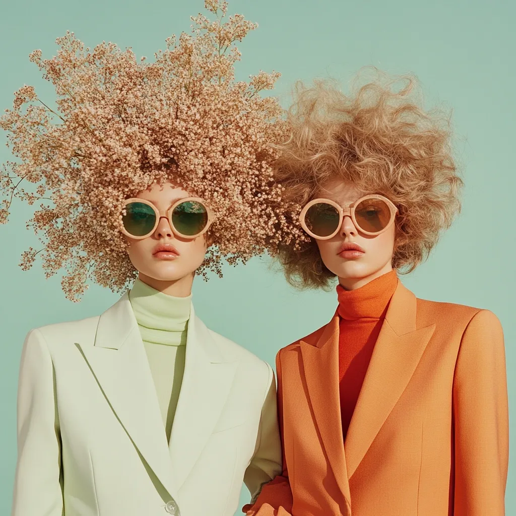 Two stylish models pose against a pale teal backdrop.  One wears a light green blazer and turtleneck, her hair adorned with a large arrangement of dried baby's breath. The other sports an orange blazer and turtleneck, showcasing a voluminous, curly blonde hairstyle. Both models wear large, round, light-brown sunglasses, creating a coordinated and fashionable look.  The image is vibrant and evokes a sense of retro chic.