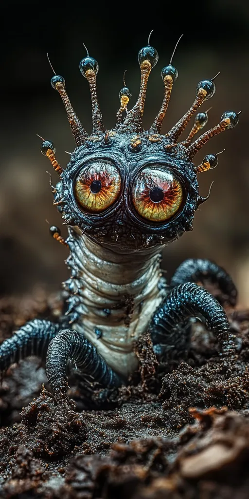 A close-up shot reveals a fantastical creature, resembling a larva or insect.  Its head is adorned with a crown-like structure of numerous spires tipped with translucent orbs.  Large, expressive eyes dominate its face, adding to its surreal appearance. The creature's body is segmented and dark, with articulated limbs gripping the dark, textured earth it inhabits. The overall impression is one of otherworldly charm and intricate detail.