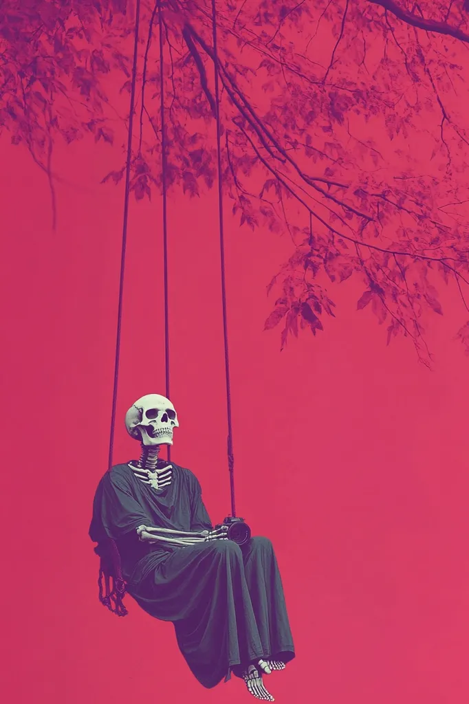 A skeleton, dressed in a dark robe, sits on a swing suspended from a tree branch against a vibrant pink backdrop. The skeleton holds a camera, its pose suggesting contemplation or observation. The image's surreal and slightly morbid aesthetic creates a striking visual contrast.  The tree's branches extend across the upper portion of the frame, adding depth to the composition.