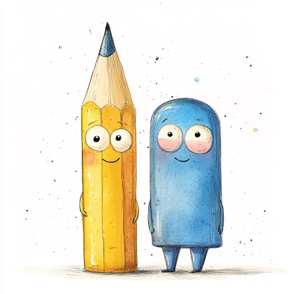 A watercolor illustration depicts two cute cartoon characters.  One is a cheerful yellow pencil with large eyes and a smiling face, standing beside a friendly blue blob-like creature with similarly expressive features. Both characters appear happy and are positioned close together, suggesting friendship or companionship. The artwork is lighthearted and whimsical, suitable for children's books or stationery.