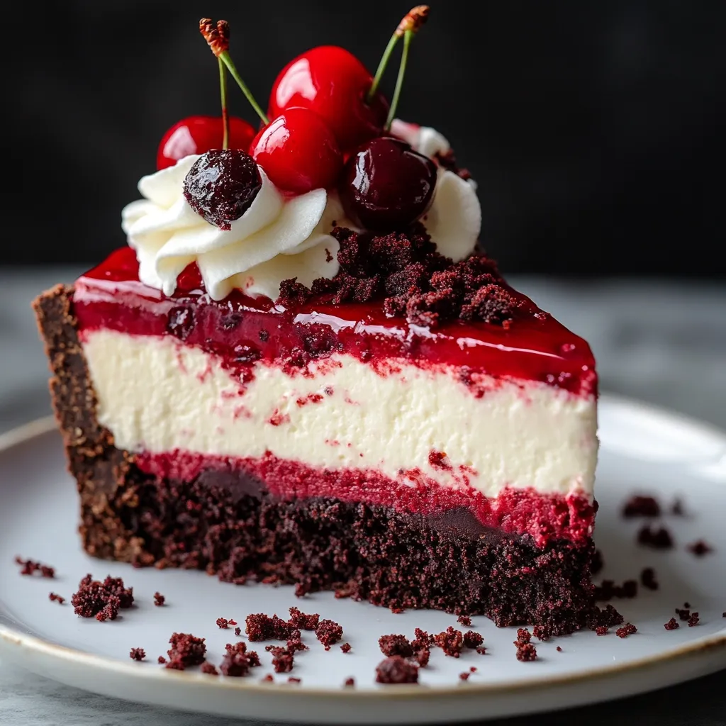 A slice of decadent red velvet cheesecake is presented on a plate.  The cheesecake features layers of rich red velvet cake, creamy cheesecake filling, and a glossy cherry topping. Fresh cherries and whipped cream garnish the top. Crumbs from the red velvet crust are scattered on the plate, adding to the dessert's visually appealing presentation.