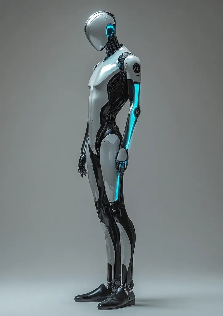 A humanoid robot stands against a neutral gray background.  Its body is predominantly white and gray, with black accents highlighting its joints and mechanical structure.  Bright teal lines illuminate internal mechanisms in its arms. The robot is depicted in a three-quarter view, appearing somewhat stoic or pensive.  It's wearing sleek, black shoes, completing the futuristic aesthetic.