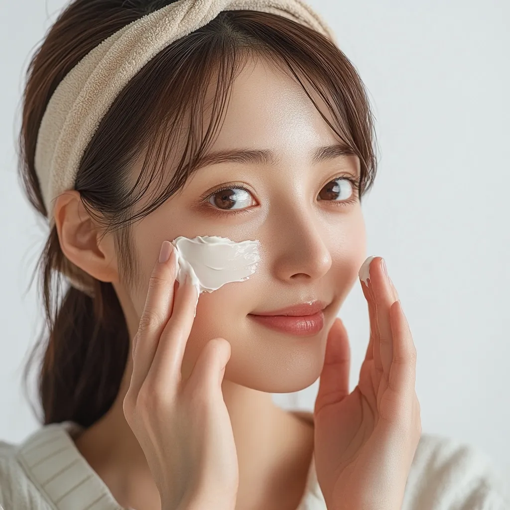 A young woman with a beige headband applies a white cream to her face.  She gently smooths the cream onto her cheek, her expression serene and content.  The image is bright and clean, focusing on the skincare application and the woman's soft features. The background is a simple, uncluttered white.