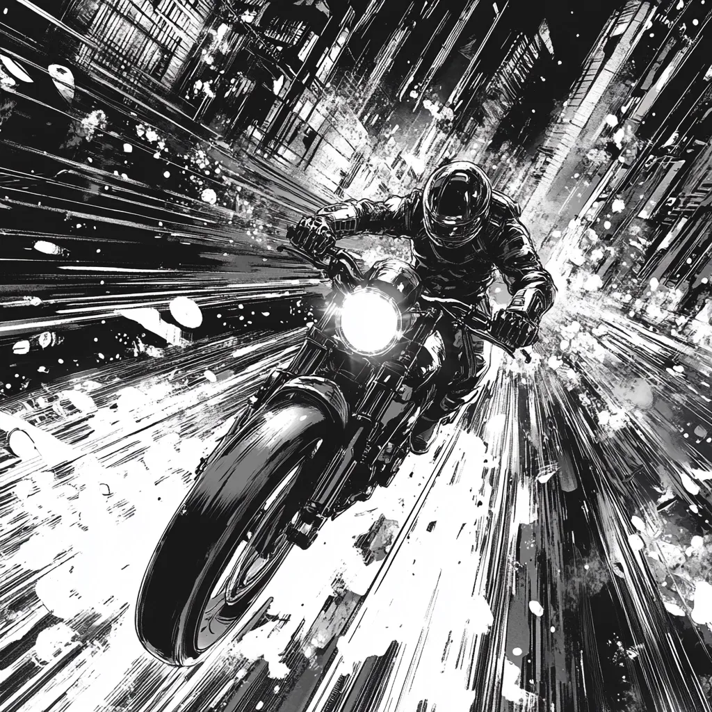A black and white illustration depicts a motorcyclist speeding through a city at night.  The dynamic lines suggest intense speed and motion blur. The rider is helmeted, their figure partially obscured by the motorcycle's headlight.  The urban background is rendered with a gritty, textured style, emphasizing the contrast between the speeding bike and the stationary cityscape. The overall mood is energetic and slightly ominous.