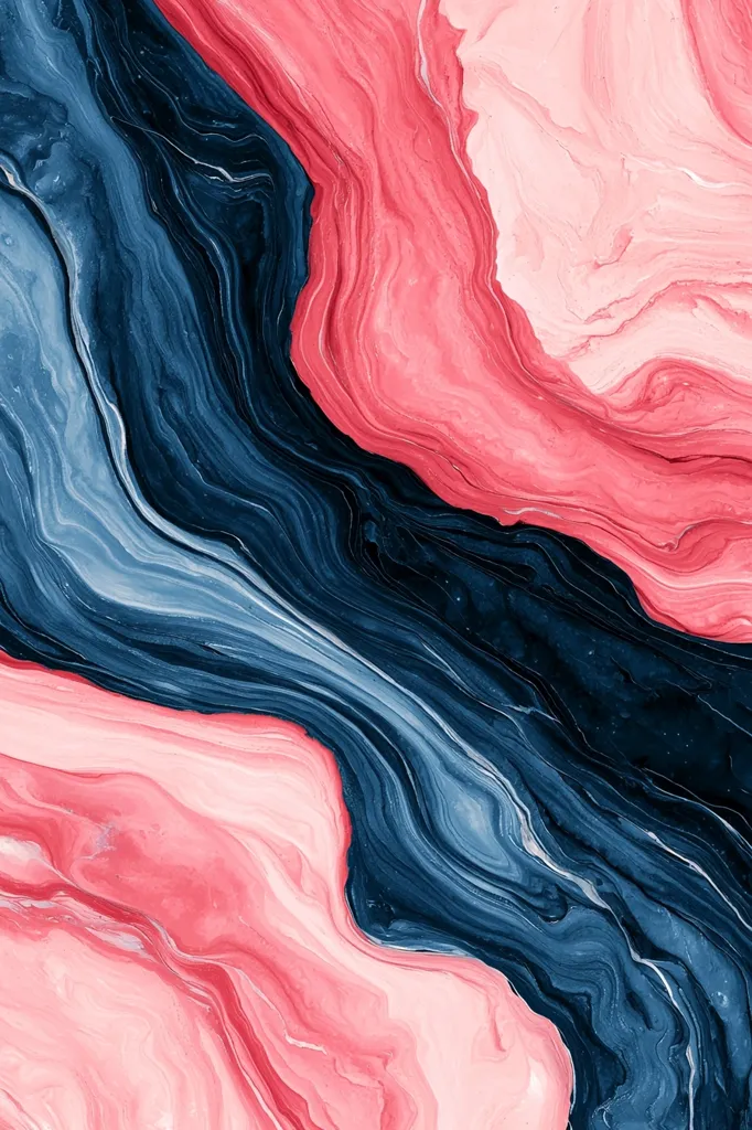 An abstract painting features swirling, flowing patterns in shades of deep blue and coral pink.  The colors blend and intermingle, creating a dynamic and visually captivating effect. The texture appears smooth yet with a subtle marbling, giving the impression of liquid paint. The overall composition is balanced, with the colors creating a harmonious contrast.