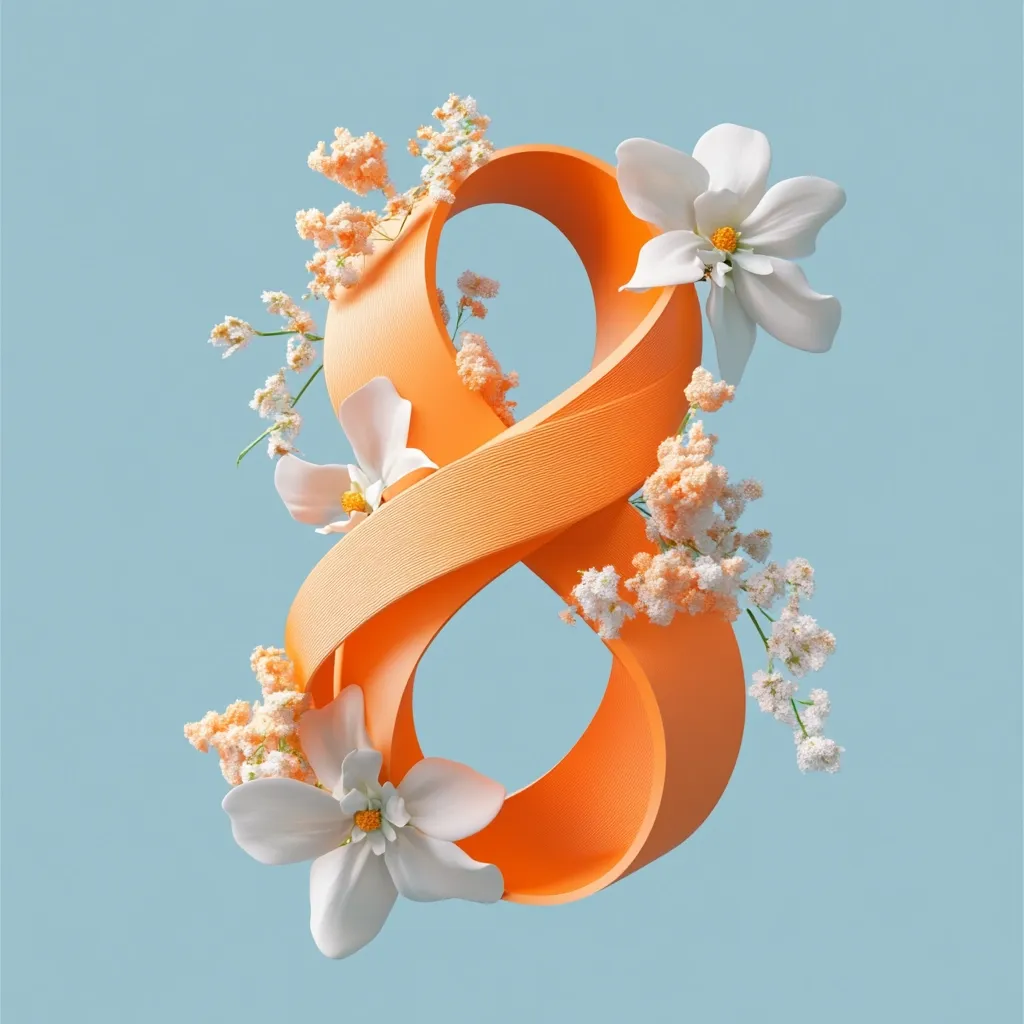 A vibrant orange, textured number eight is artfully intertwined, adorned with delicate white flowers and small peach-colored blossoms.  The design is set against a soft, light blue background, creating a visually appealing and elegant representation of the number eight, possibly symbolic of International Women's Day.  The flowers add a touch of springtime freshness and femininity.