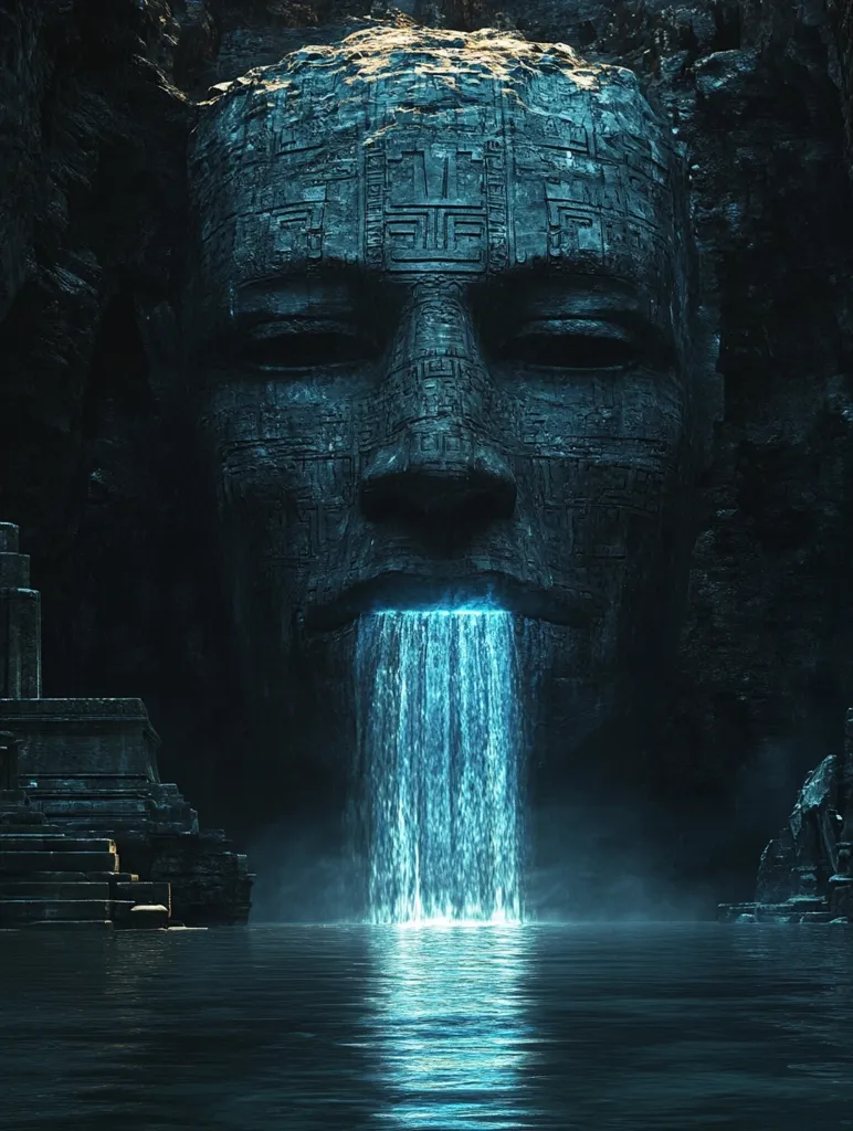 A colossal, ancient stone face, carved with intricate glyphs, forms a natural waterfall.  The ethereal blue water cascades from the mouth of the massive head into a still pool, reflecting the mystical light.  Ancient ruins flank the scene, adding to the atmosphere of mystery and forgotten civilizations. The image evokes a sense of awe and wonder, hinting at a hidden, powerful history.