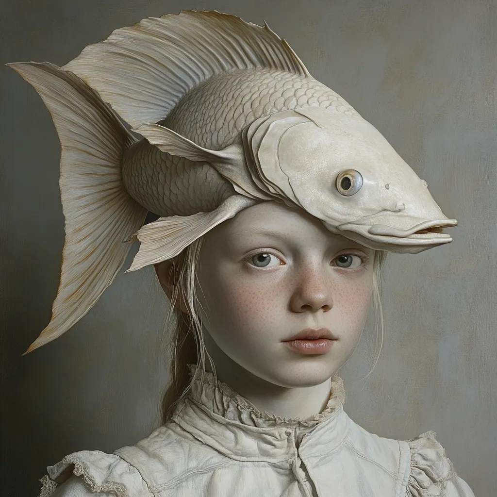 A young girl with pale skin and light blonde hair is the subject of a digitally painted portrait.  She wears a meticulously crafted headdress shaped like a large, pale fish, its fins forming a halo around her head. The girl's expression is serene and slightly melancholic. The overall palette is muted, emphasizing the ethereal quality of the image. The style is reminiscent of classical portraiture but with a surreal twist.