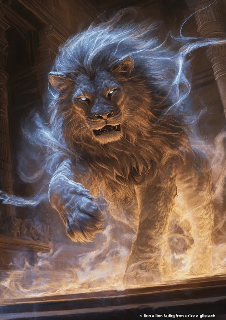 A majestic lion, rendered in a hyperrealistic style, seems to be emerging from or dissolving into a swirling mist of light and fire.  Its powerful stance and intense gaze convey strength and otherworldliness. The background suggests an ancient, possibly ruined, stone structure, adding to the mythical atmosphere of the image. The lion's mane and body are partially translucent, blending with the ethereal elements around it.