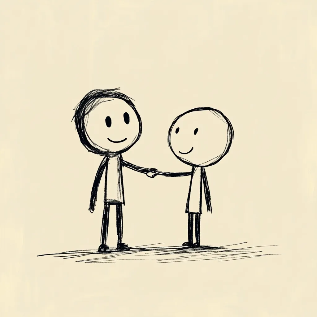 A simple sketch depicts two smiling figures, drawn with childlike simplicity, holding hands.  Their stick-figure forms are rendered in black against a pale beige background, suggesting a friendly connection or agreement. The slightly uneven lines add to the drawing's informal and heartwarming charm.