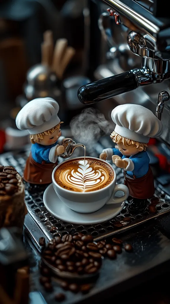 Two adorable chef figurines pour steamed milk into a cup of coffee, creating a beautiful latte art design.  The scene is set on a professional espresso machine, surrounded by coffee beans.  The warm lighting and meticulous detail create a charming and inviting atmosphere, perfect for a cozy coffee moment.