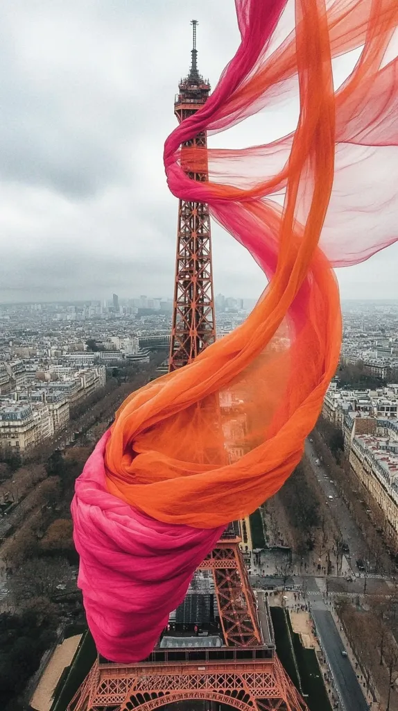 An aerial view showcases the Eiffel Tower draped in a vibrant, flowing fabric. The fabric transitions from a deep fuchsia to a bright orange, creating a dramatic contrast against the tower's iron structure.  The Parisian cityscape stretches out below, a muted backdrop to the bold colors and dynamic movement of the textile. The overall image is one of artistic expression and unexpected beauty.