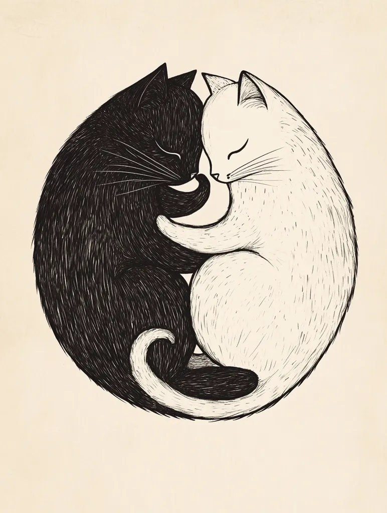 A black cat and a white cat are curled together in a yin and yang style illustration.  Their bodies form a circle, heads touching in a peaceful embrace. The detailed ink drawing features textured fur and closed eyes, suggesting contentment and unity.  The beige background enhances the contrast of the black and white felines.