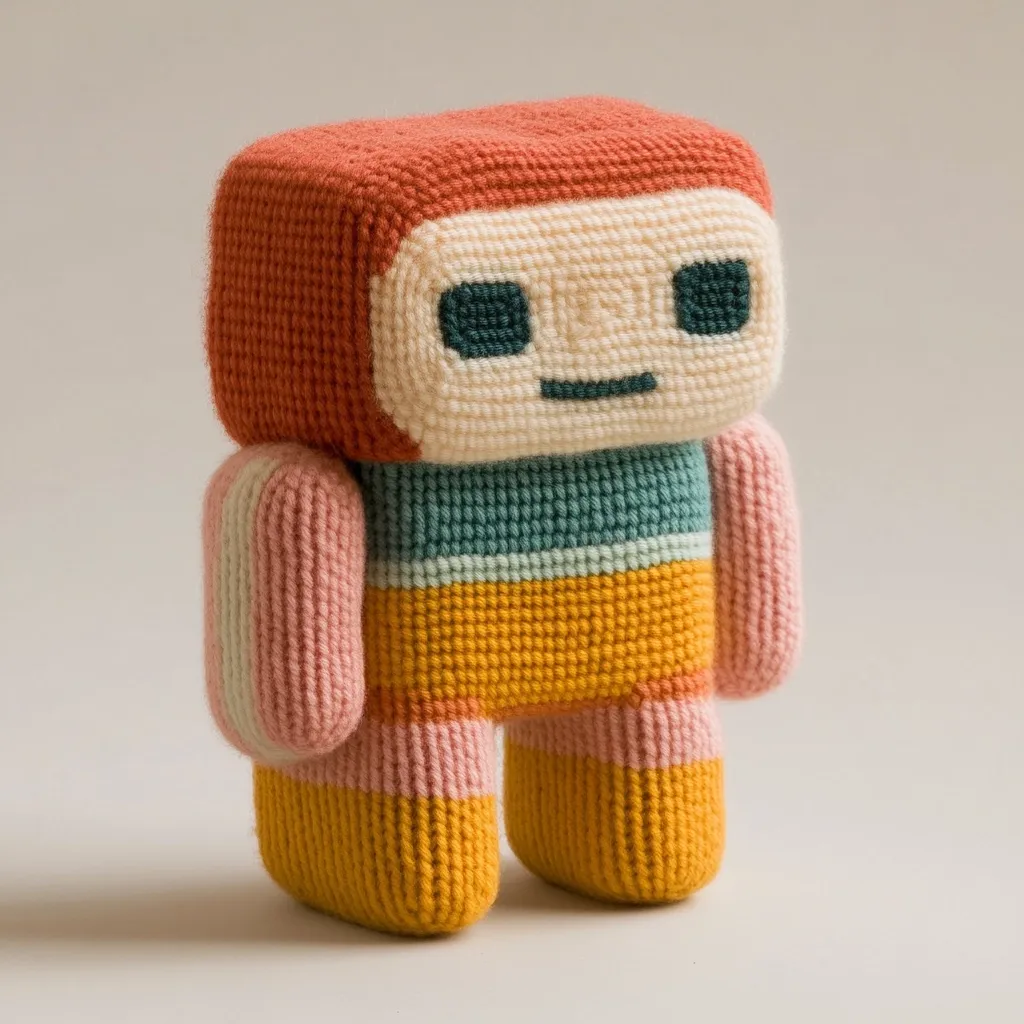 A charming crocheted robot toy stands against a neutral background.  Its boxy head is terracotta, its face cream-colored with simple dark green eyes and a small mouth.  The body is a colorful striped design of teal, cream, and mustard yellow, with pink and yellow accents on its chunky limbs.  The overall style is simplistic and retro, evoking a sense of playful nostalgia.