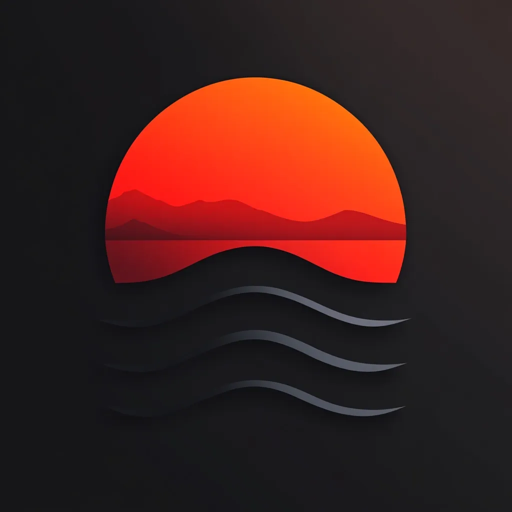A minimalist illustration depicts a vibrant orange sunset over a calm body of water.  The sun, a large circle, dominates the upper portion, casting a warm glow on a silhouetted mountain range. Below, three subtly curved lines represent gentle waves, contrasting the fiery sky with their dark, smooth texture. The overall aesthetic is simple yet striking, evoking a sense of tranquility and natural beauty.