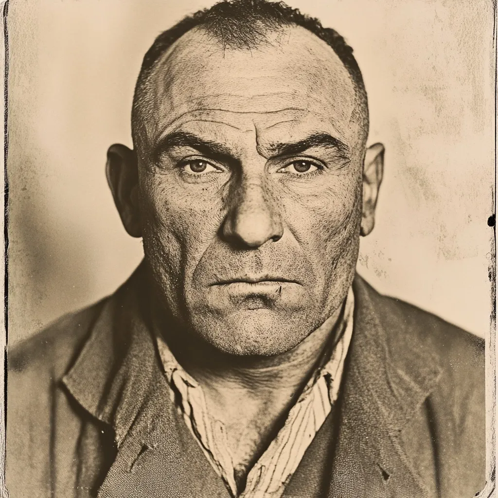 A sepia-toned, close-up portrait of a man.  He appears weathered and mature, with a serious expression. His face shows signs of age and hard work, and his gaze is direct and intense.  He wears a simple, dark jacket over a collared shirt. The photograph has a vintage, possibly archival, quality.