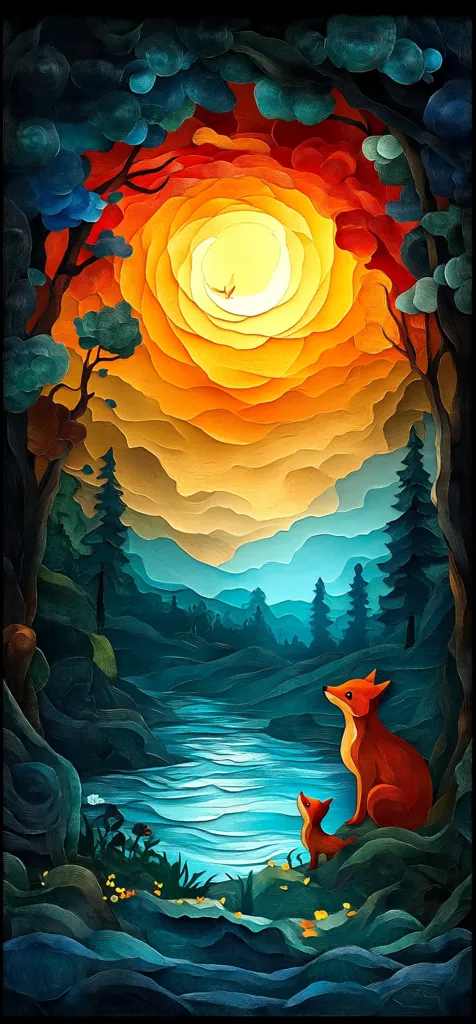 A vibrant, layered landscape painting depicts two foxes by a river, gazing at a stylized sunset.  The sun is a swirling mass of orange and yellow, set against a backdrop of teal and blue mountains.  Dark, textured trees frame the scene, creating a sense of depth and mystery. The style suggests paper cutouts or layered paint, giving a whimsical, almost three-dimensional effect.  The overall mood is serene and peaceful.
