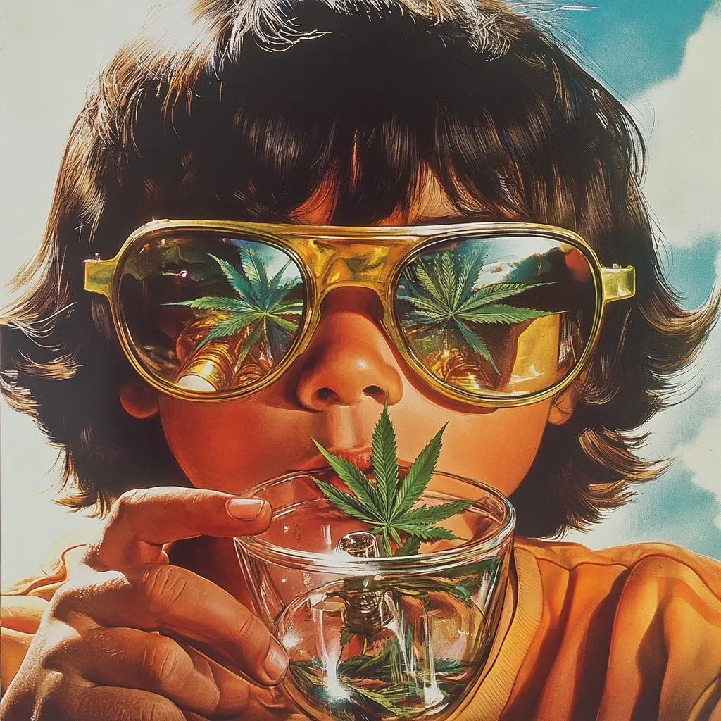 A stylized image depicts a child with brown, shaggy hair wearing large, gold aviator sunglasses.  The lenses reflect marijuana leaves, mirroring a leaf held near a glass containing more cannabis. The child is dressed in a burnt orange shirt and appears to be inhaling from the glass. The overall style is reminiscent of 1970s counterculture imagery. The image is vibrant and saturated.